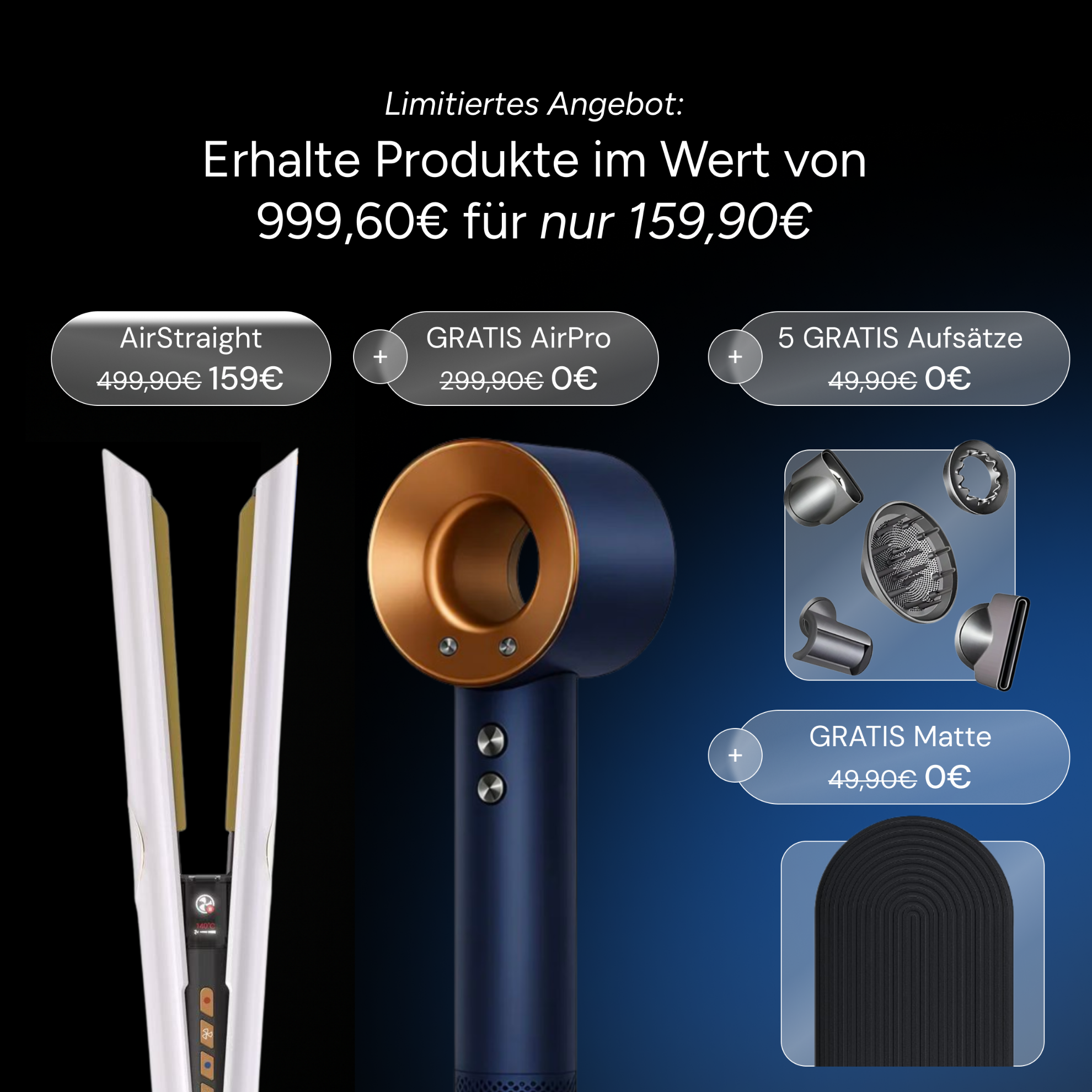 Whipl™ Straithair Pro: piastra ad aria e asciugacapelli AirPro GRATUITO con 5 accessori