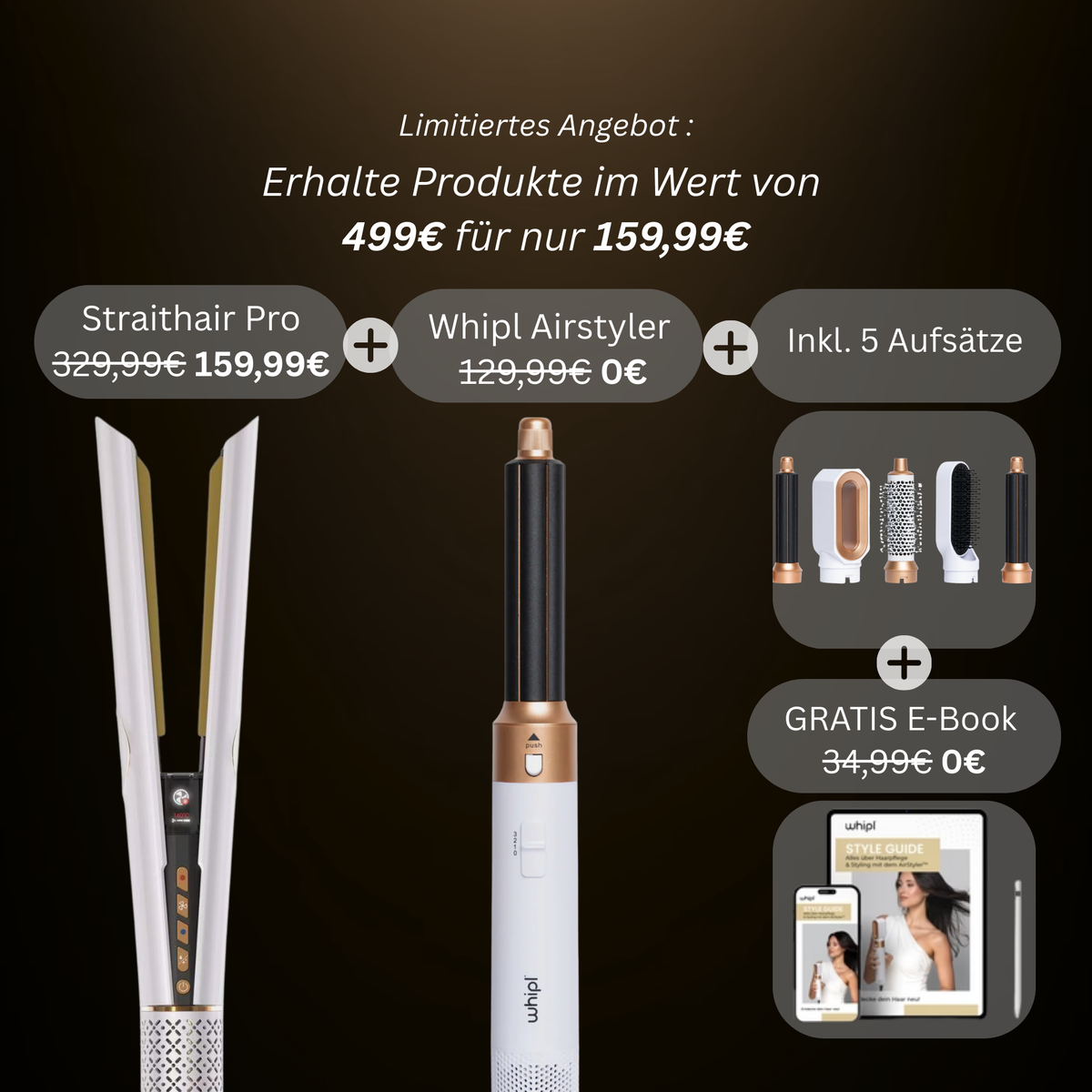 Whipl™ Straithair Pro - Piastra per capelli + Airstyler GRATUITO incl. 5 allegati