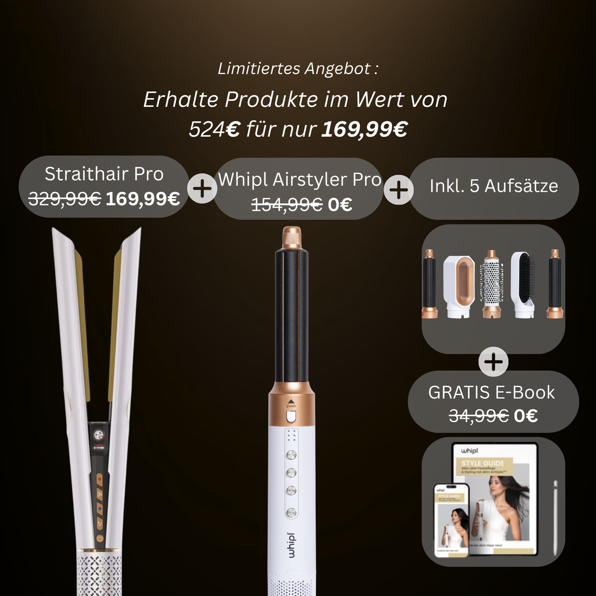 Whipl™ Straithair Pro - Piastra per capelli + Airstyler GRATUITO incl. 5 allegati